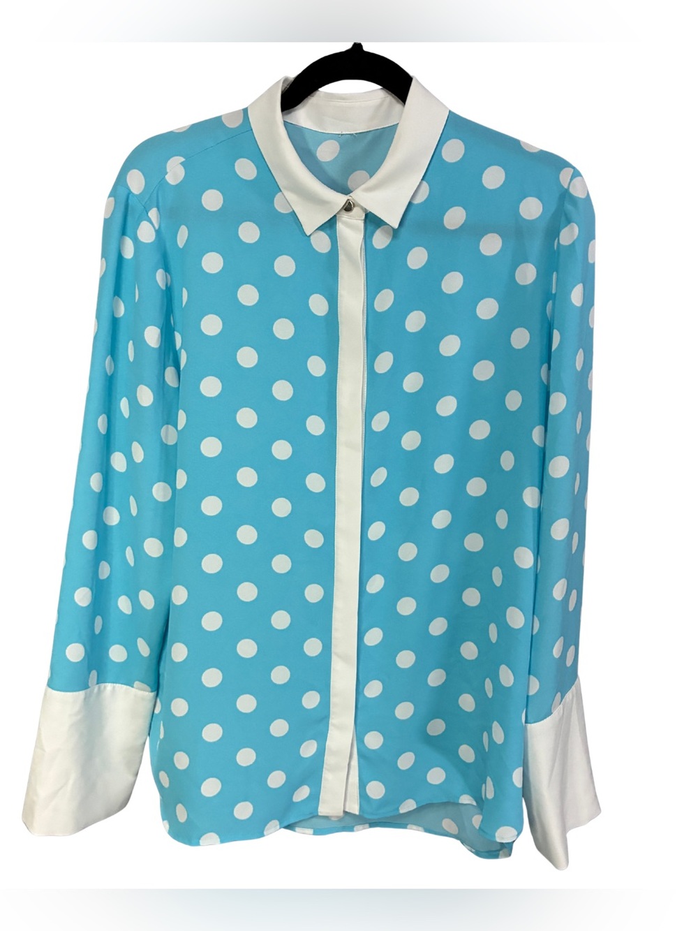 Blue Polka Dot Button-Up Shirt with White Trim